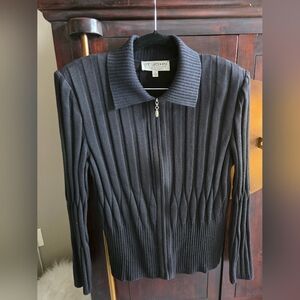 St. John Black Ribbed Zip-Front Cardigan